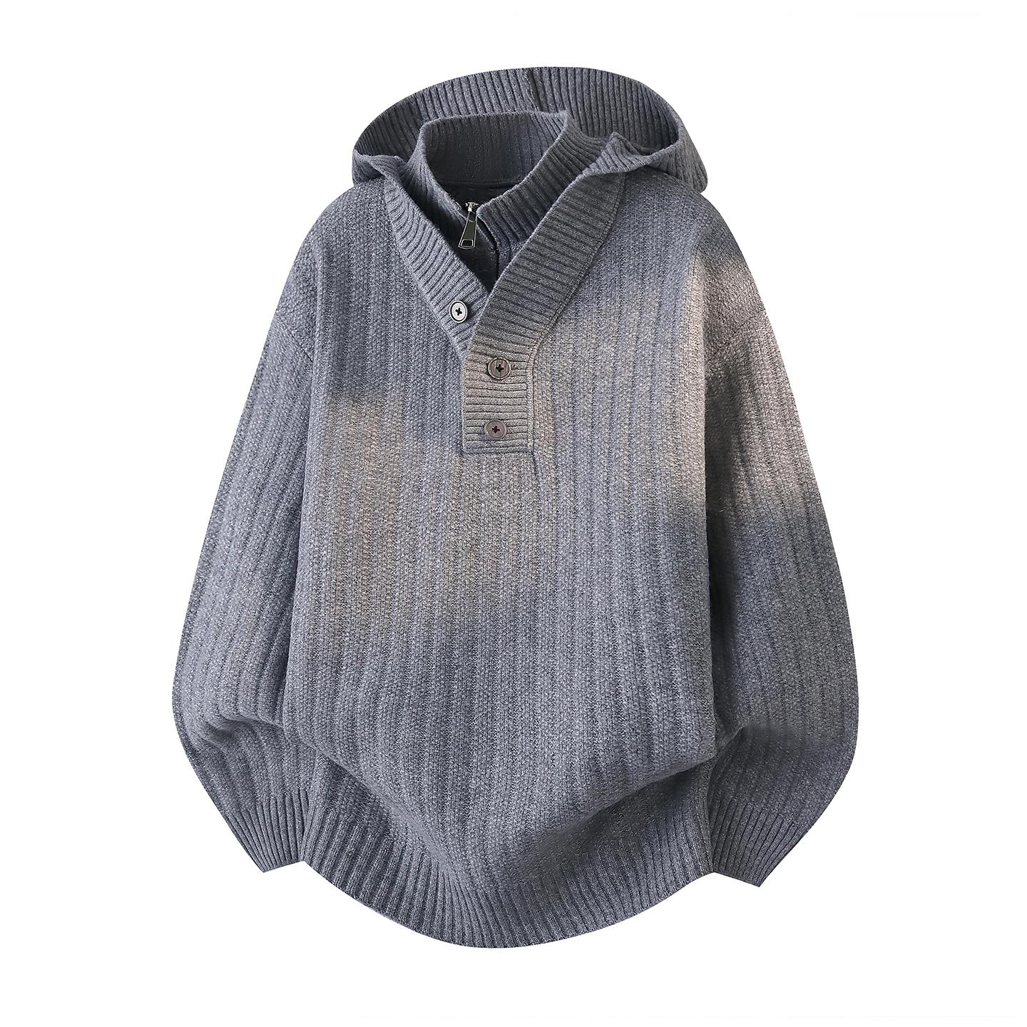 假两件连帽毛衣男秋冬季慵懒风半拉链针织衫青少年设计感休闲外套