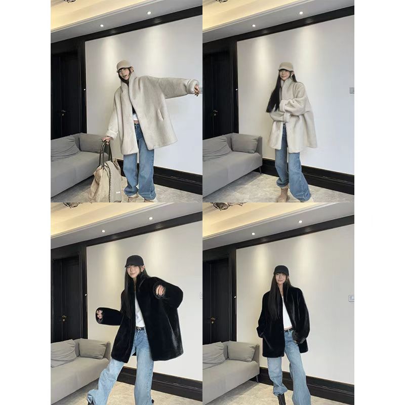 《冬日墨尔本》2025年秋冬新款加厚中长款仿毛毛短外套女青果领大衣