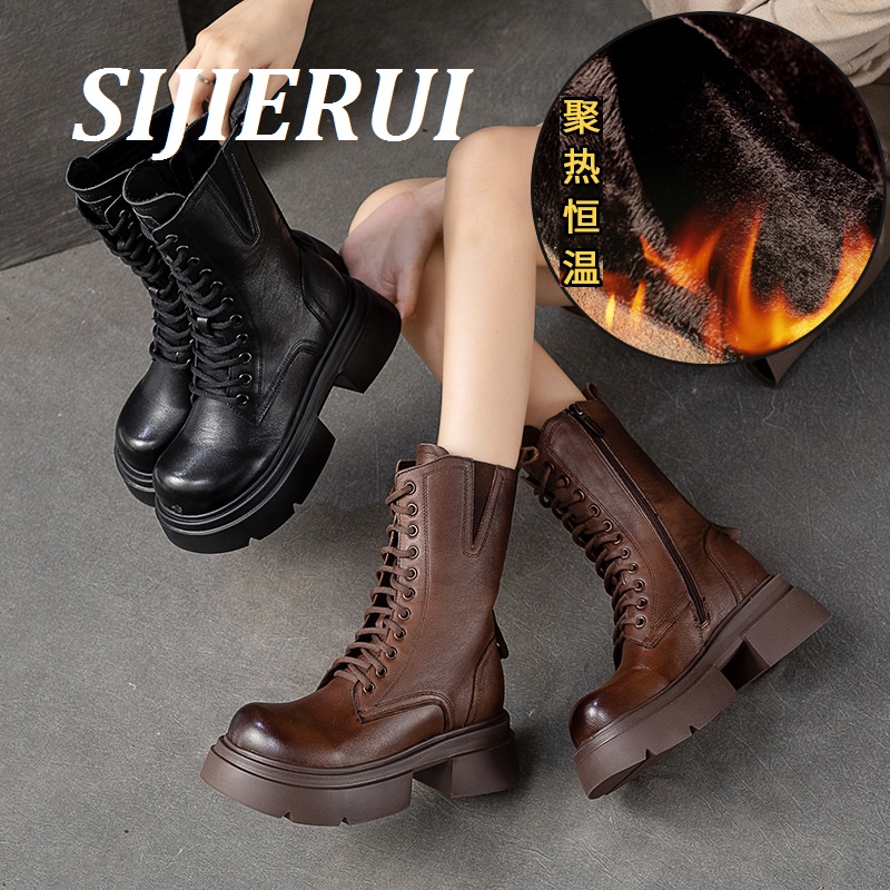 SIJIERUI2025年冬季新款加绒保暖中筒雪地靴女厚底侧拉链马丁靴女