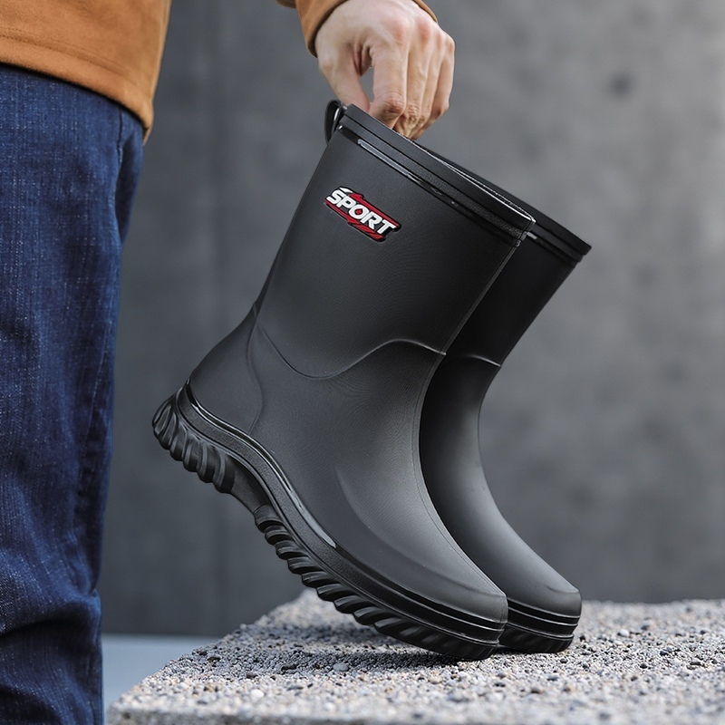 潮流中筒雨鞋男士新款简约高筒水鞋厚底防水靴厨房防滑钓鱼鞋加棉