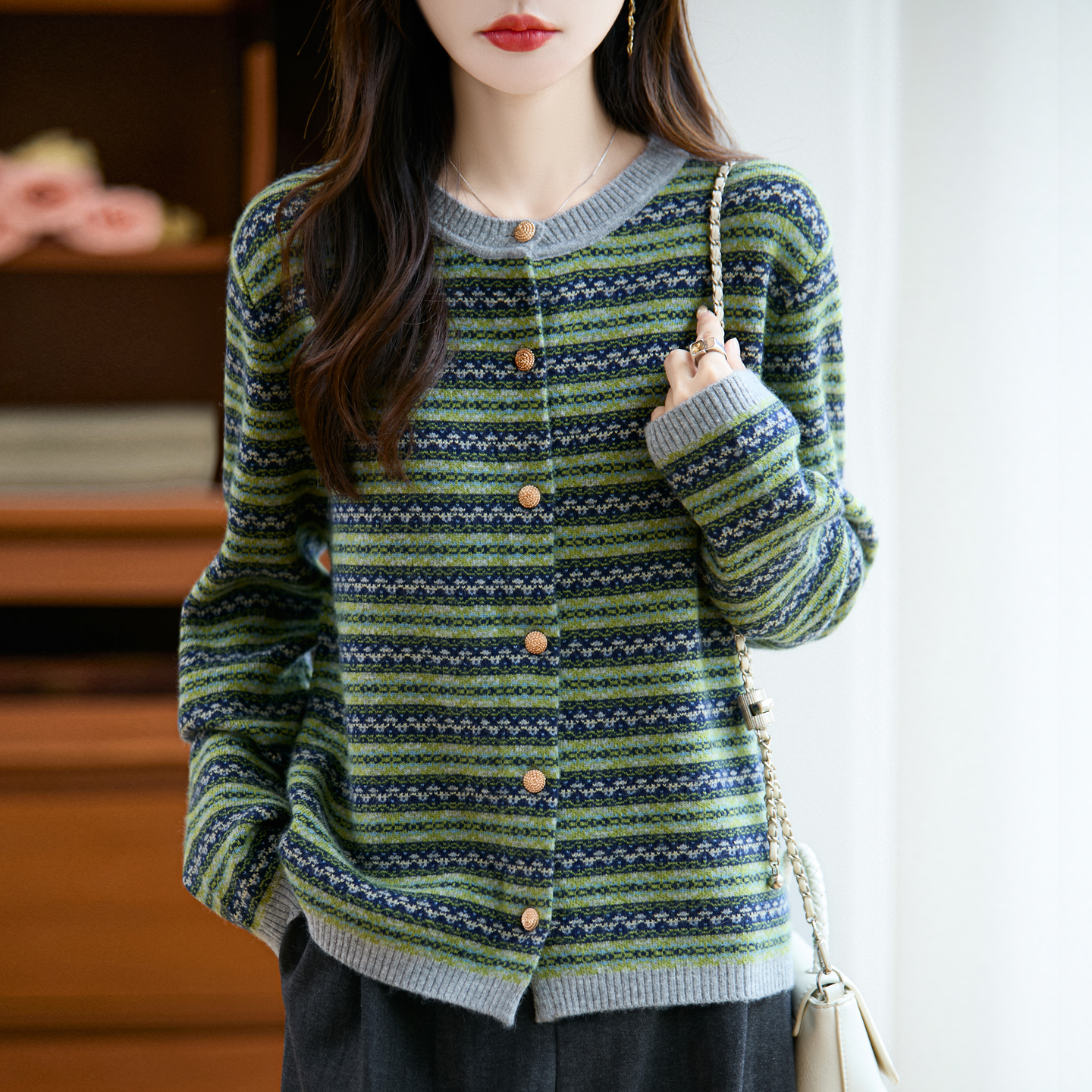 法式复古提花条纹针织开衫女短外套毛衣2025秋冬宽松显瘦女装上衣