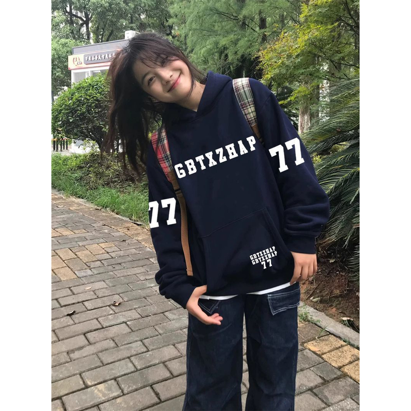 【ZHAP】重磅早秋无帽绳连帽卫衣女藏青色通勤休闲盐系韩版百搭港风