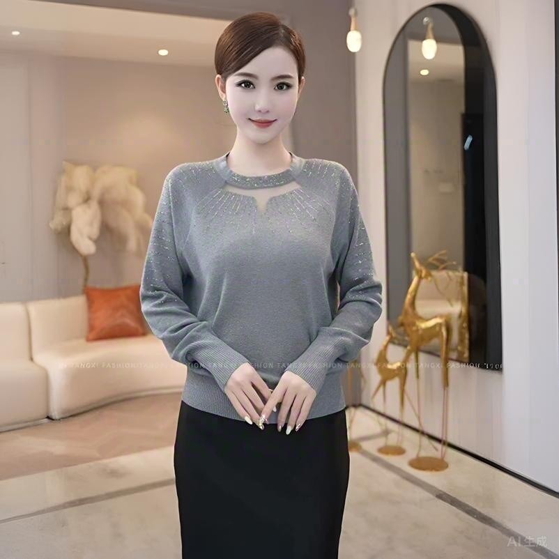 时尚纯色蕾丝镂空烫钻女士针织衫秋冬新款洋气显瘦减龄毛衣打底衫