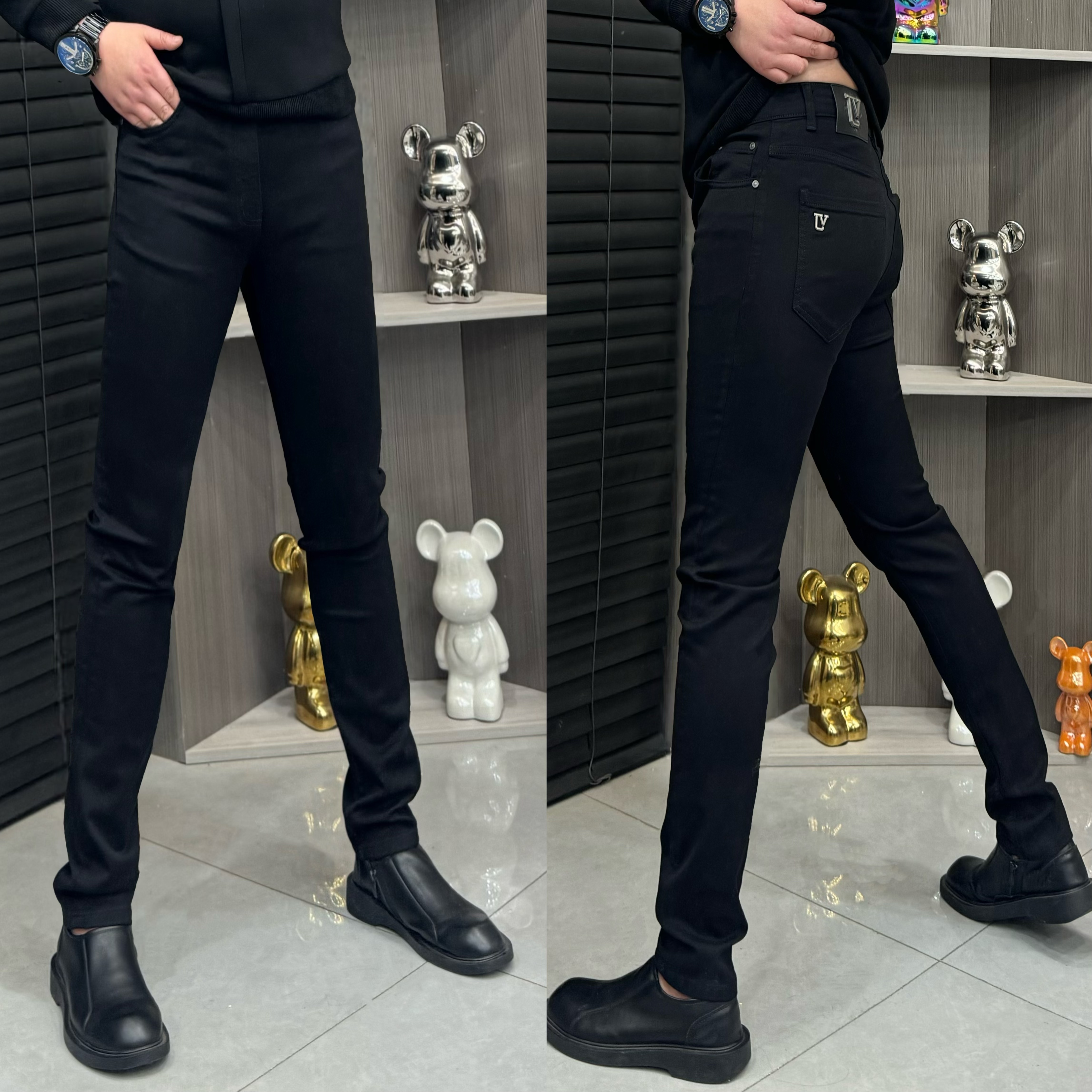 秋冬高弹力修身显瘦高弹男款牛仔裤法式小脚裤腰带加绒保暖时尚