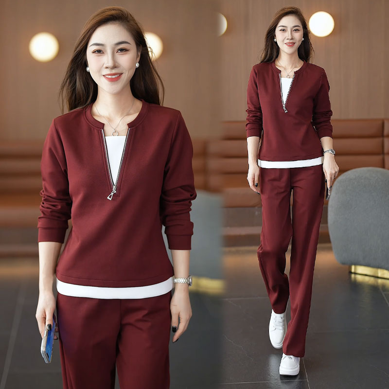 时尚休闲套装女2025秋季新款时髦洋气假两件拼接上衣阔腿裤两件套