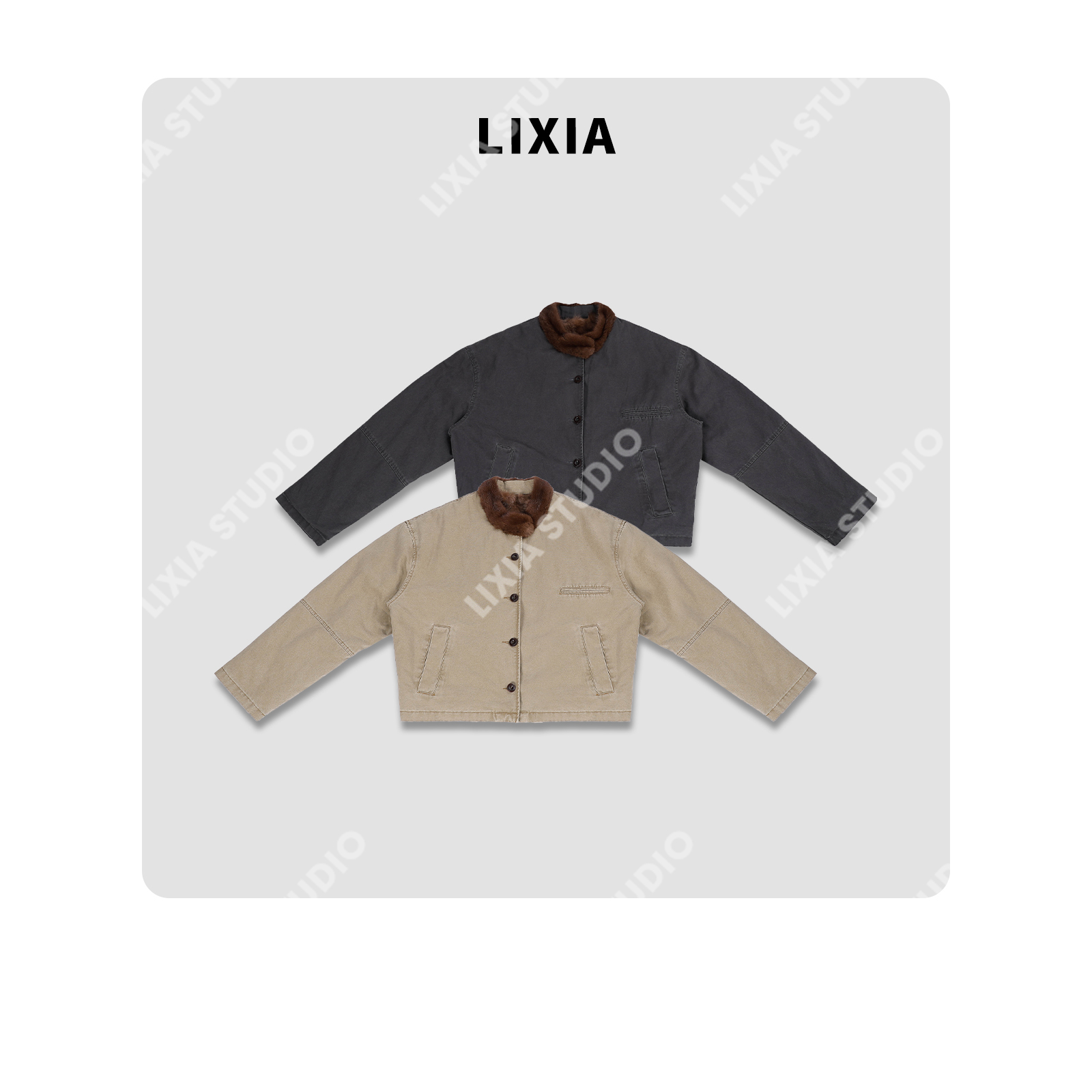 LIXIA【巴恩】复古工装风内里水貂毛皮袖子鹅绒填充派克服-D9876