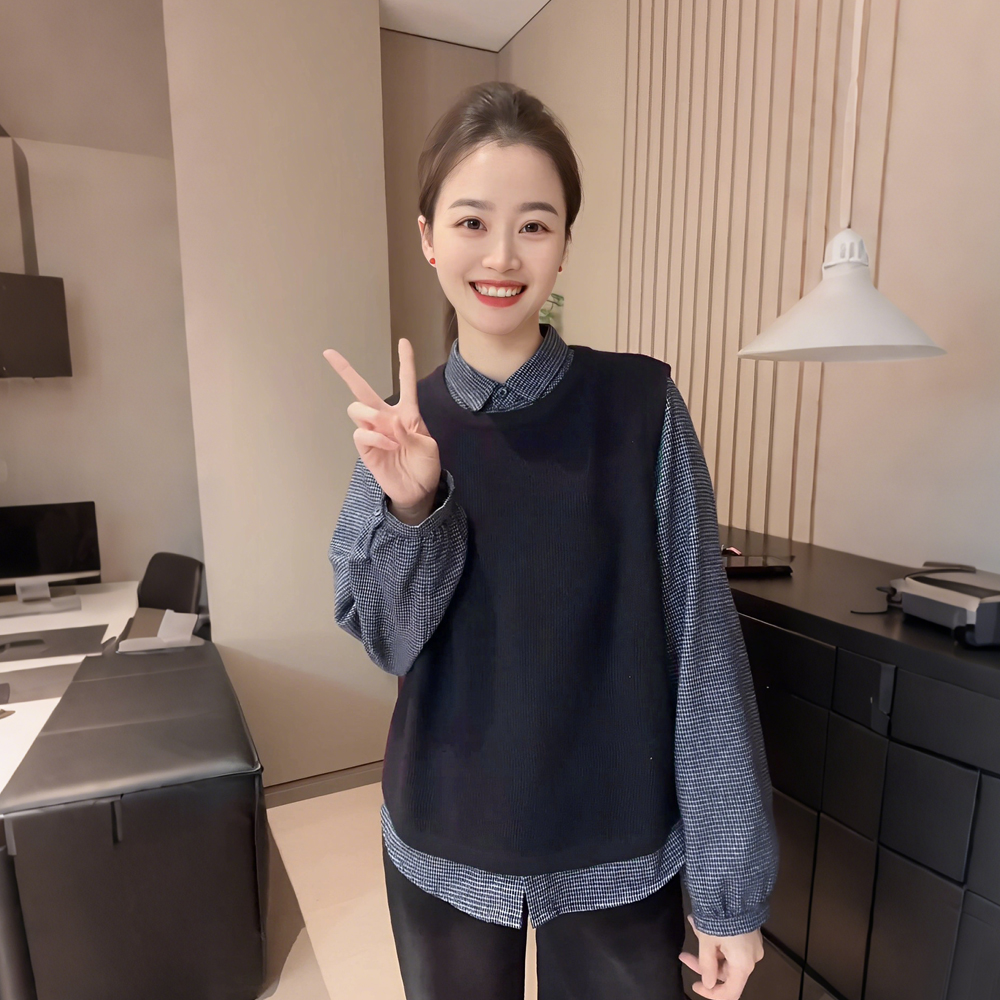 韩版春秋宽松休闲减龄格子衬衫+无袖针织黑色马甲百搭两件套装女