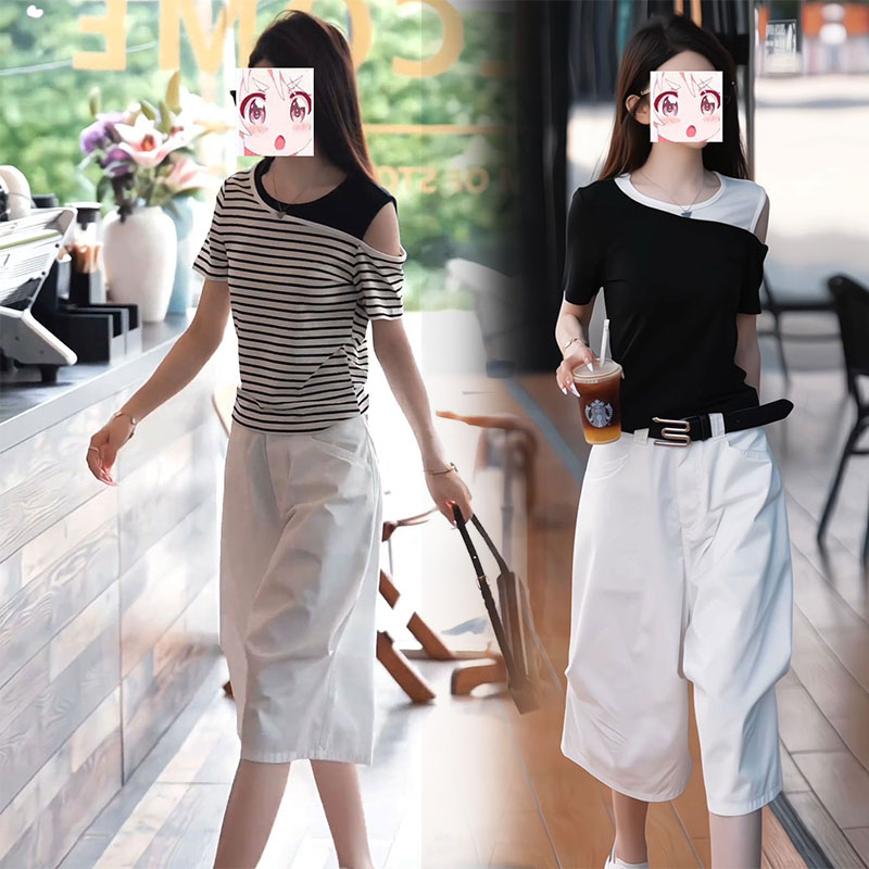 2025显瘦个性套装撞色露肩短袖T恤高腰宽松六分裤子盐系夏季穿搭