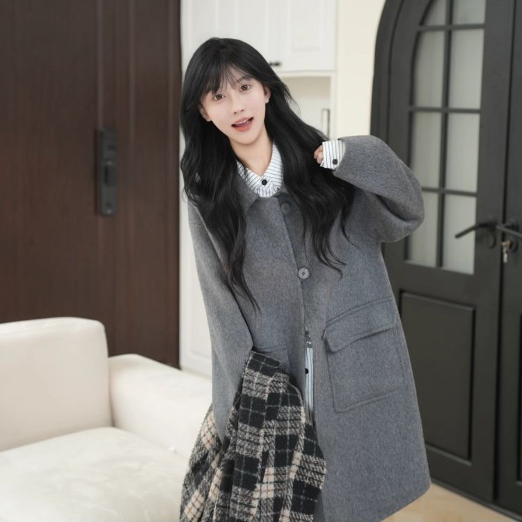 灰色新款双面毛呢大衣宽松气质秋冬小个子百搭时尚慵懒风毛呢外套