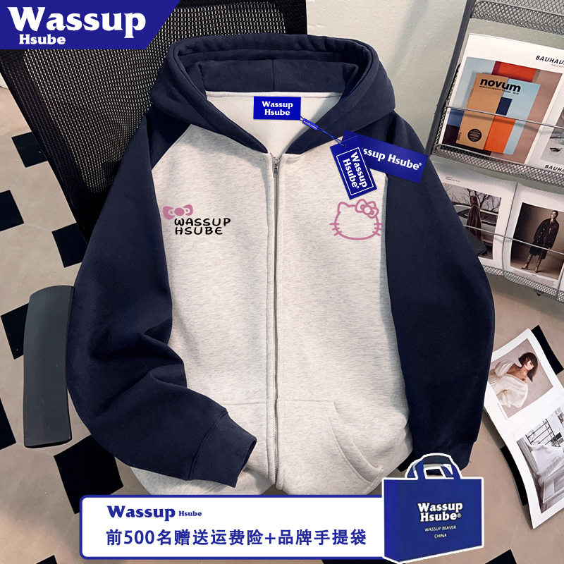 WASSUP HSUBE线条凯蒂猫英文印花外套男女拉链卫衣秋冬季连帽开衫