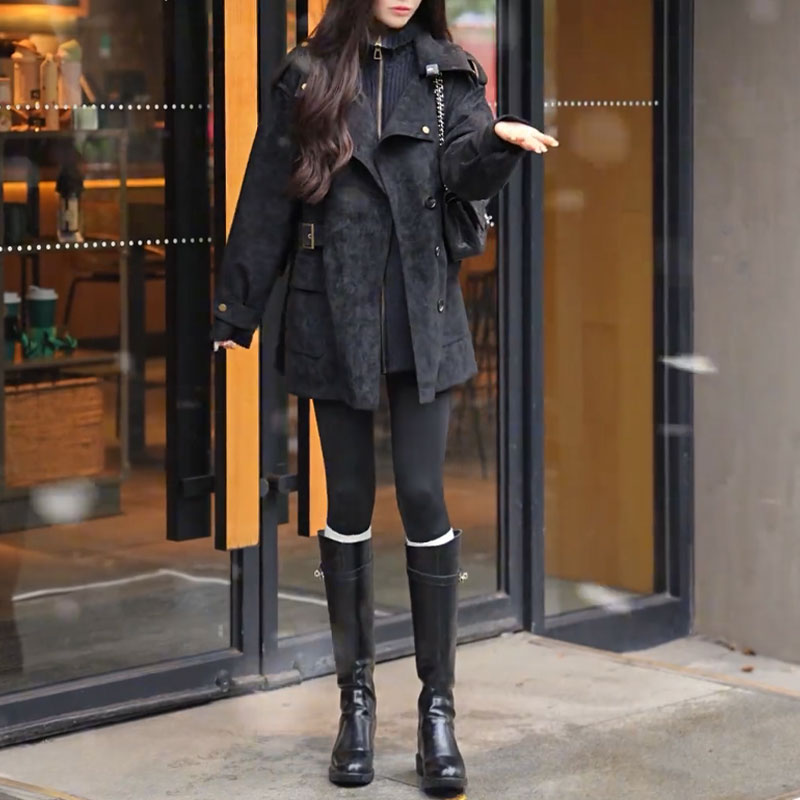 美式复古加厚翻领棉服外套女冬季高级感宽松百搭工装中长款大衣潮