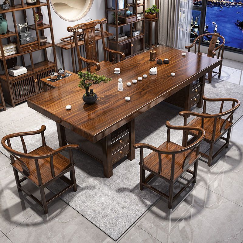 【订金】实木大板茶桌椅组合橡胶木一桌五椅家用茶几茶台烧水壶一