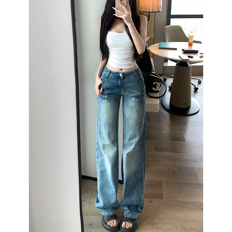 低腰窄版直筒牛仔裤女2025冬季新款水洗裂纹显瘦显腿直休闲拖地裤