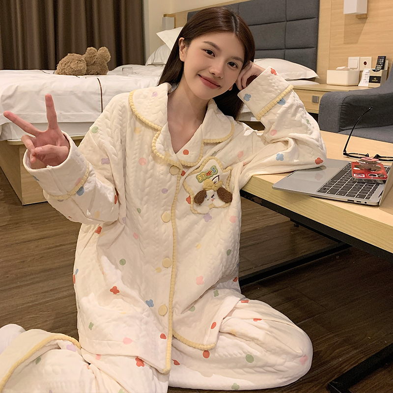 甜美可爱睡衣女款秋冬季2025新款空气棉夹层保暖长袖家居服两件套