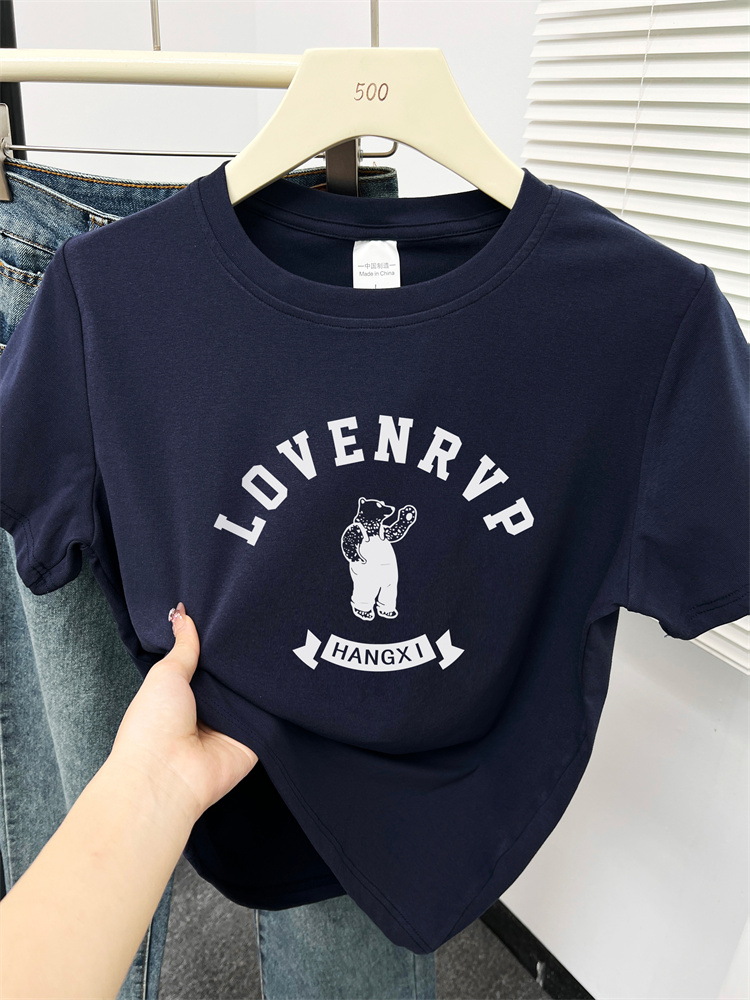 短袖t恤女夏季新款韩版百搭藏蓝色小熊印花正肩圆领设计感上衣潮