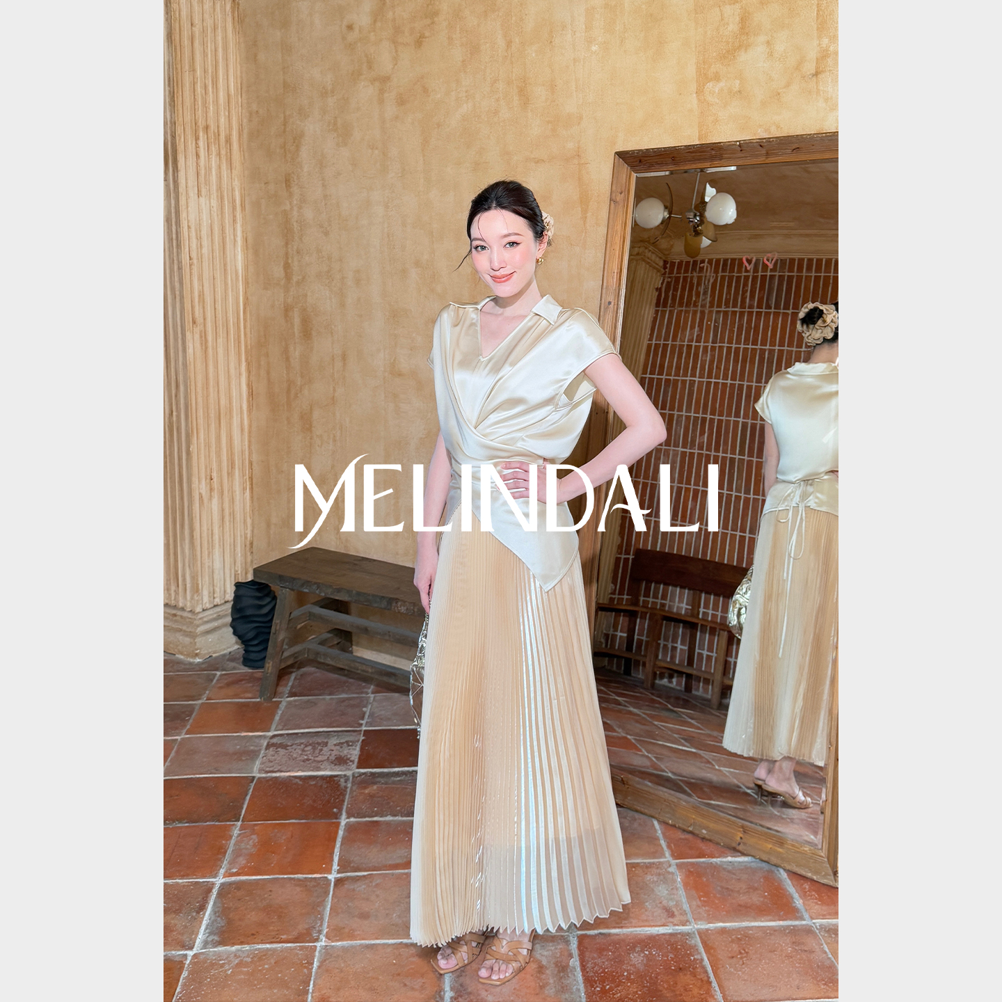 Melinda Li【香榭丽舍】法式通勤流光丝光缎薄纱高温真空压褶半裙