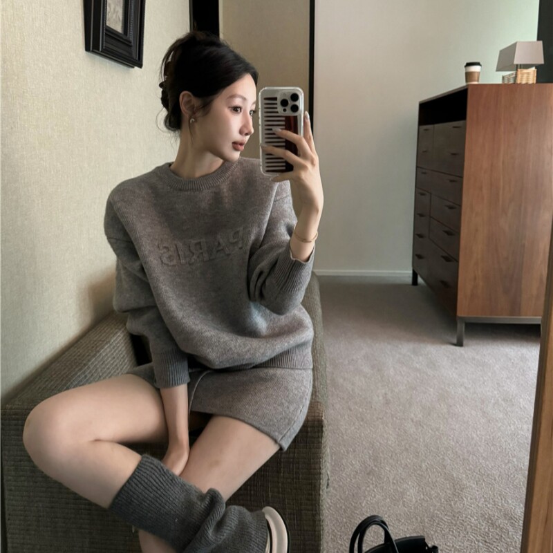 CEENIU小香风针织套装美式简约慵懒休闲立体字母毛衣显瘦百搭短裙