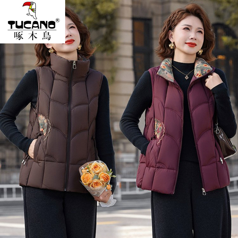 啄木鸟妈妈刺绣国风背心保暖奶奶坎肩棉衣外套冬新款加厚马