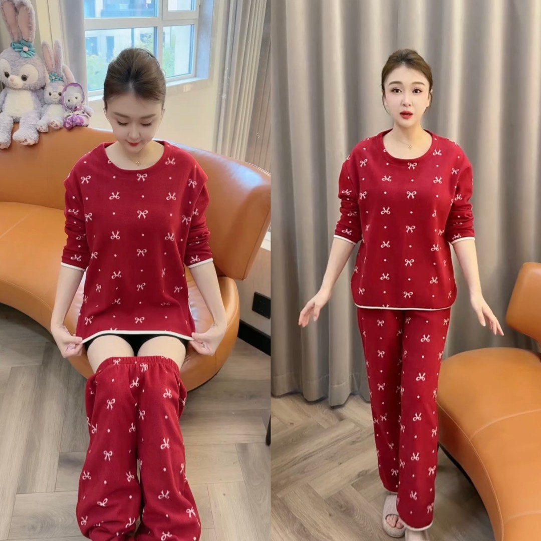 秋冬新款保暖圆领加绒可外穿女士睡衣家居服套装宽松大码时尚红色