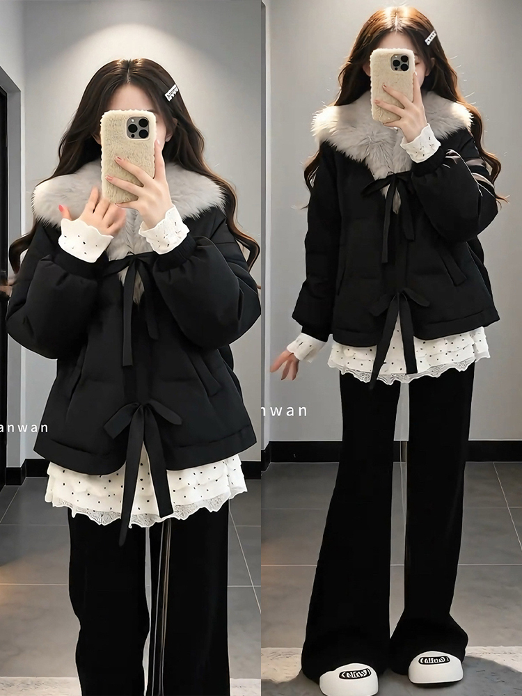 冬装搭配一整套韩系穿搭大毛领棉服外套蕾丝打底衫微喇裤三件套女