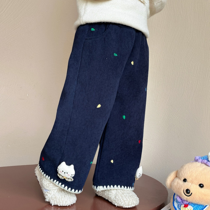 保暖童裤秋冬儿童服装女童刺绣加绒阔腿裤冬装2025新款小女孩加厚