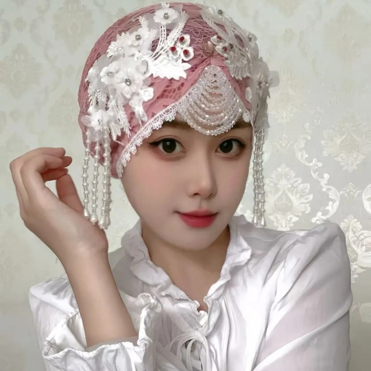 圆顶编织蕾丝四季通用女包头帽纯手工帽子白色头巾帽