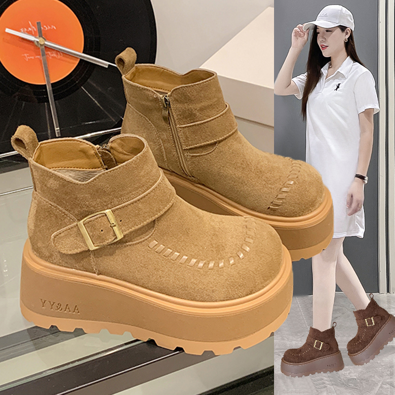 2025秋季新款厚底马丁靴女复古绒面英伦风乐福小皮鞋增高勃肯短靴