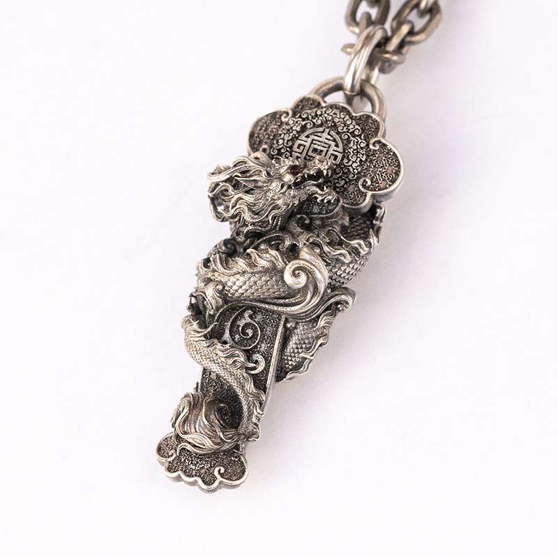 吊坠925银 垂直原创复古盘龙如意S925纯银吊坠配饰毛衣链做旧