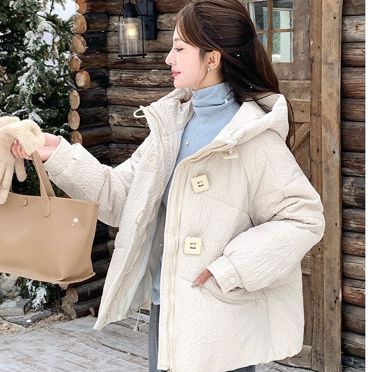 冬季韩版短款棉服女2025新款宽松时尚格子面料加厚连帽棉袄