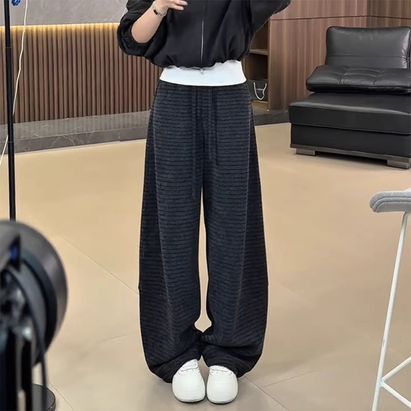 高级感羊毛呢条纹弯刀裤女2025秋冬新款松紧高腰宽松慵懒风阔腿裤