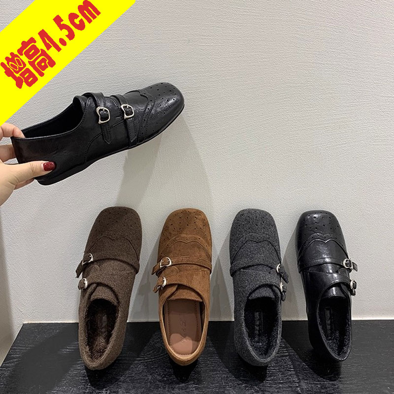 复古加绒单鞋女2025秋冬新款方头英伦风布洛克雕花平底黑色小皮鞋