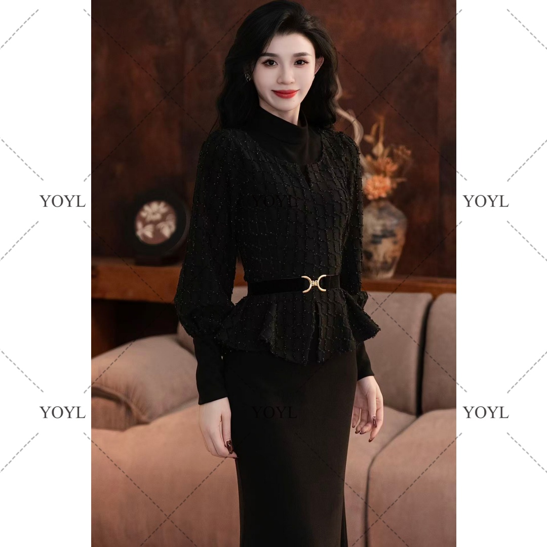 【yola】领秀秋冬新款高级法式气质显瘦假三件鱼尾连衣裙-YL12163