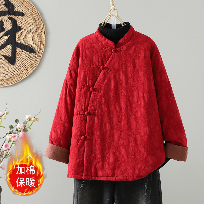 2025时尚百搭国风烟花原创设计新中式麻棉斜襟廓形宽松棉服袍子