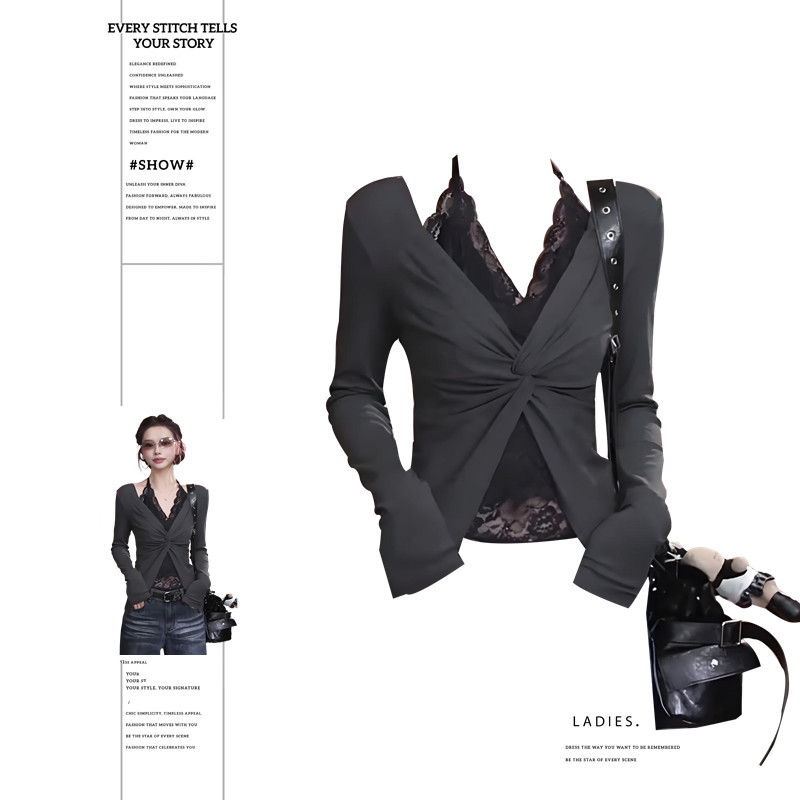 大码胖MM纯欲风辣妹V领蕾丝拼接长袖T恤女秋季设计感修身显瘦上衣