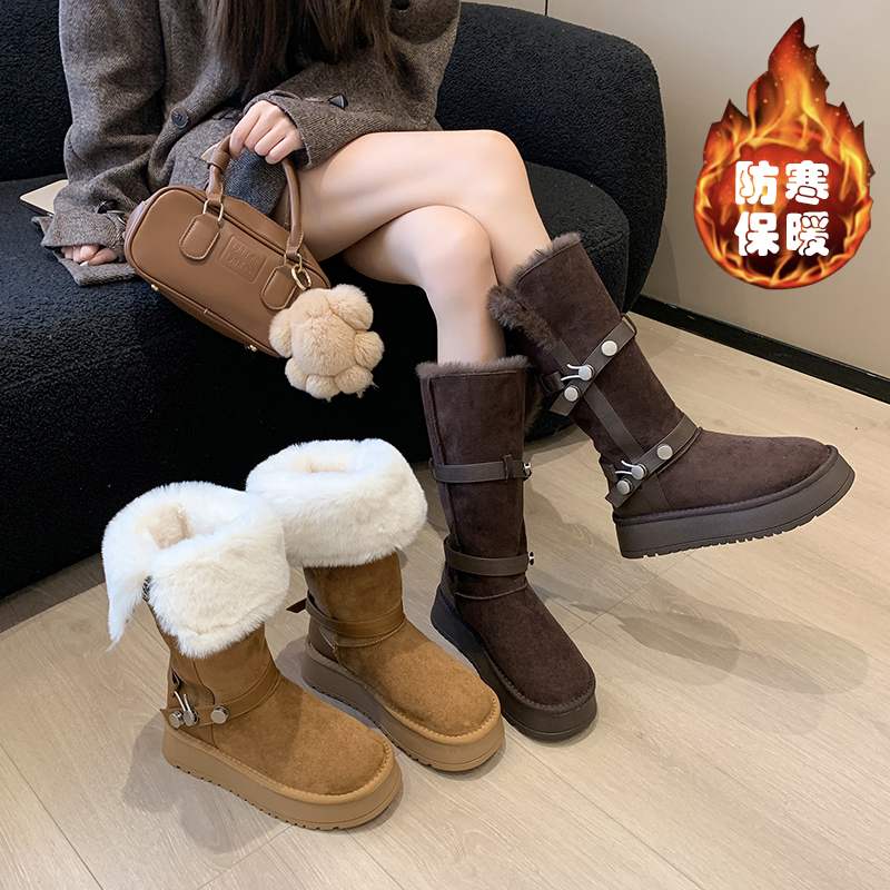 长筒厚底雪地靴2025加绒加厚增高百搭厚底棉鞋冬季翻边防滑雪地靴