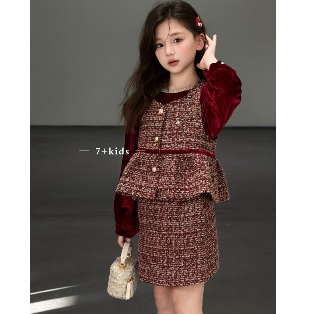 【年货！早春】女童春季韩版小香风丝绒打底衫洋气背心半身裙3件套