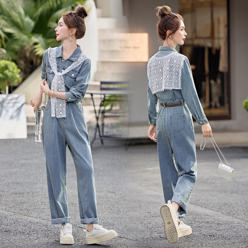 2025秋季新蕾丝披肩小个子宽松休闲工装牛仔连体裤名牌富太太女装