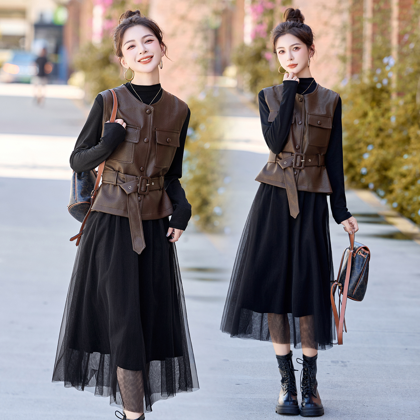 时尚洋气两件套连衣裙女2025秋季新款高级感气质显瘦马甲网纱裙子