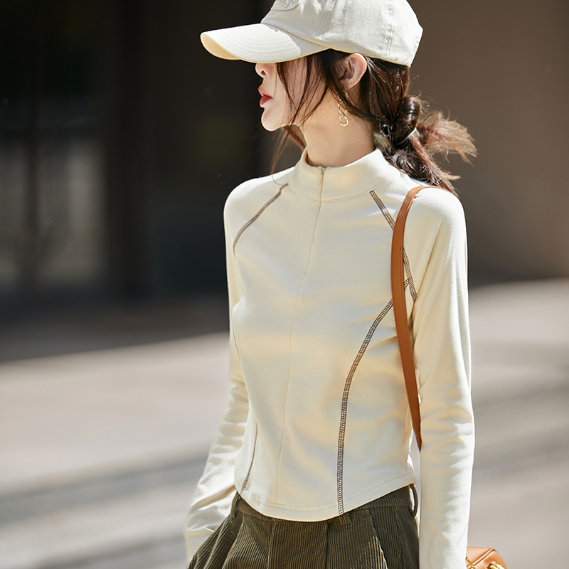 秋冬半高领德绒蓄热半拉链修身T恤内搭女保暖磨毛气质打底衫上衣