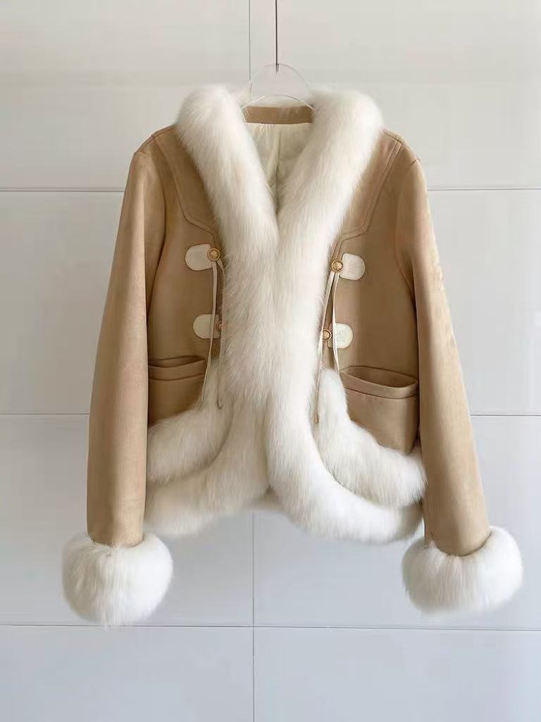 DOUSHEHUI   甜心玛丽狐狸毛麂皮绒皮草服饰外套