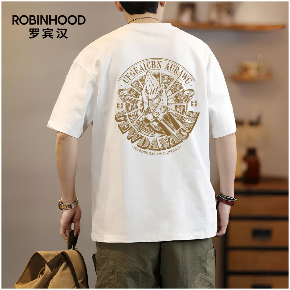 罗宾汉严选重磅纯棉男士T恤宽松美式高街百搭圆领佛手印花短袖T恤