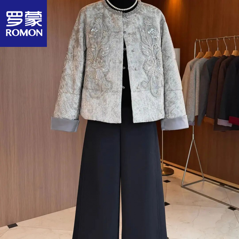 罗蒙钉珠丝缎提花绵羊毛内胆冬季保暖外套高贵中年妈妈冬装棉衣女