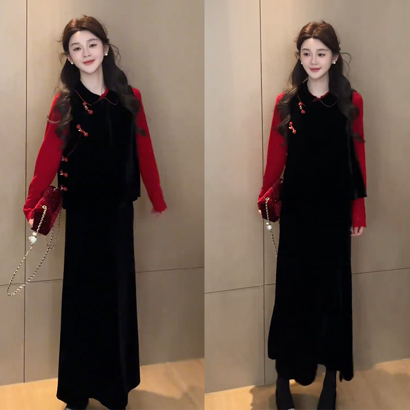 新中式新年穿搭2026年早春新款百搭长袖打底衫马甲半身裙三件套装