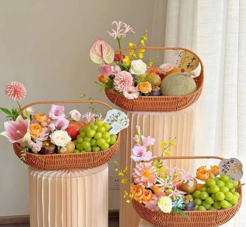 椭圆花篮船形月子鸡蛋水果花篮藤编手工编织酒店水果花篮户外家用