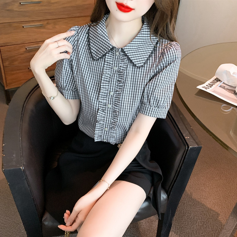 夏季格子雪纺衬衫女时尚洋气2025新款娃娃领气质衬衣短袖上衣小衫