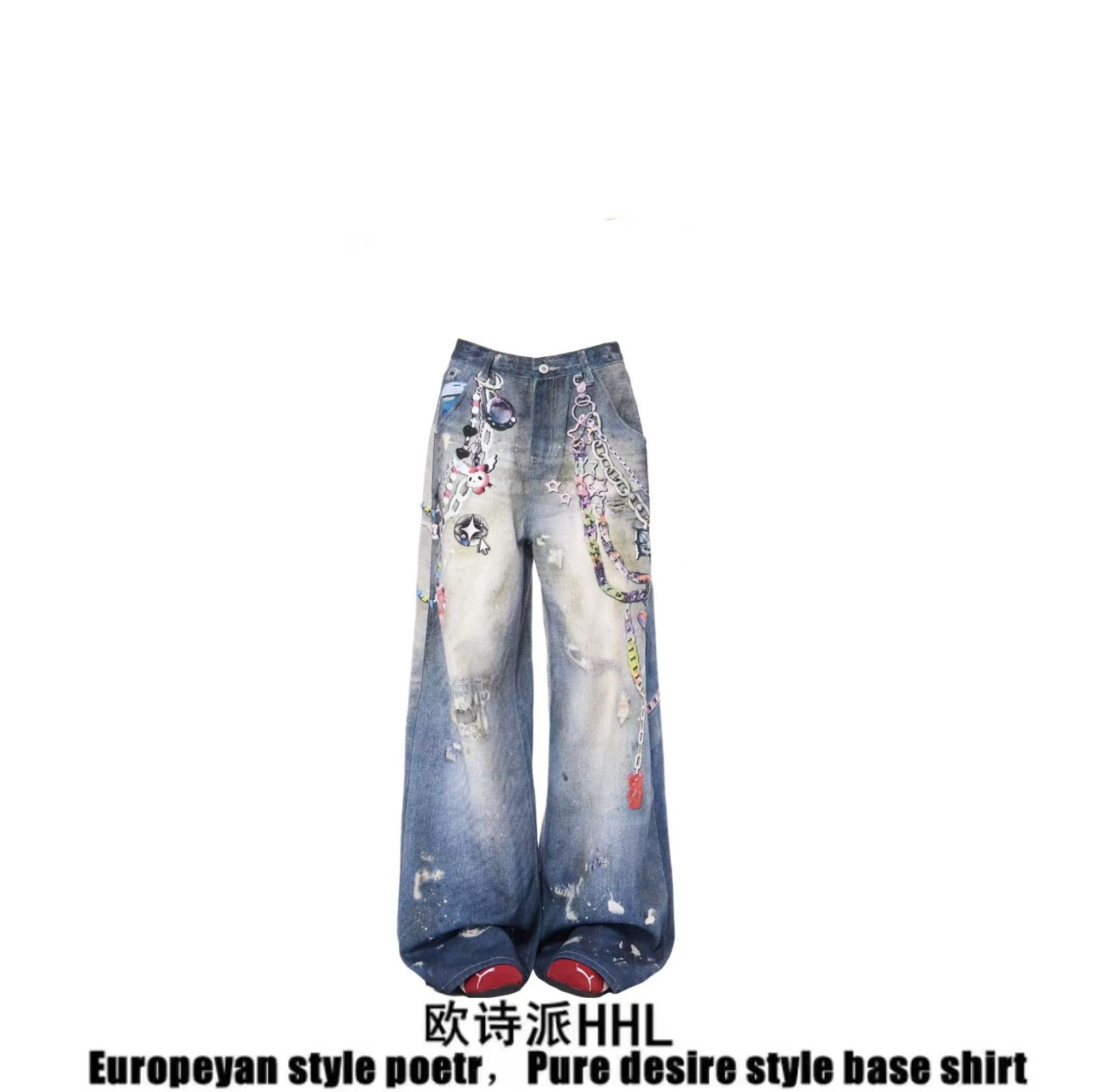 美式复古重工扎染3D印花牛仔裤女2025年春秋新款高街宽松阔腿裤子