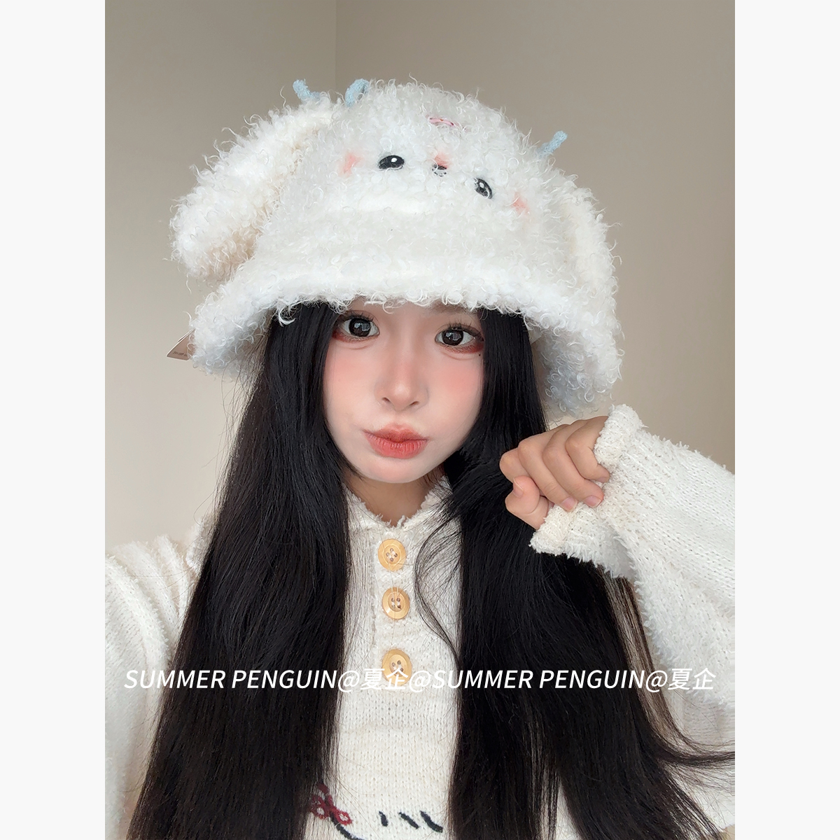 SUMMER PENGUIN甜美兔耳朵毛绒渔夫帽女秋冬保暖百搭显脸小盆帽子