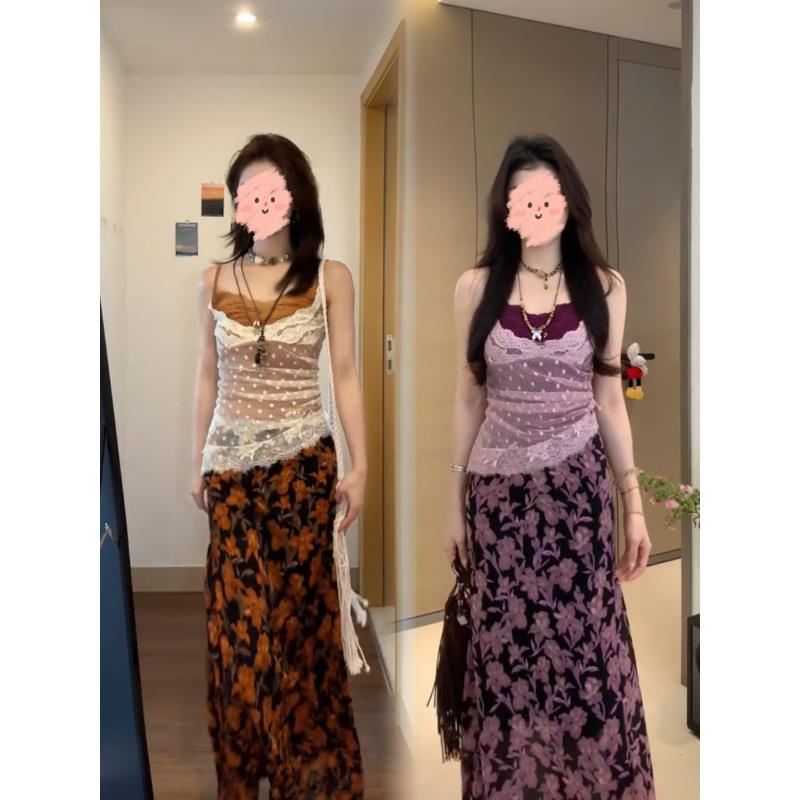 棕色/紫色版本纯欲不规则波点蕾丝吊带+碎花长裙半身裙子新款女装