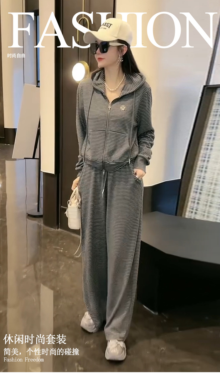 时尚套装秋季网红气质长袖字母圆领印花都市运动休闲阔腿裤两件套