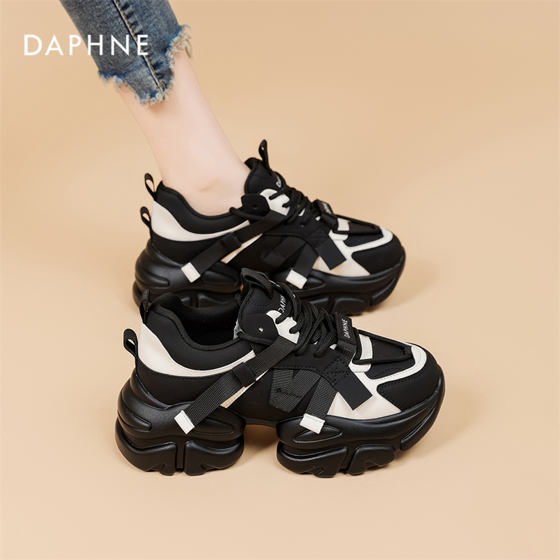 达芙妮官方正品老爹鞋2025爆款百搭黑白拼色厚底增高休闲运动鞋S